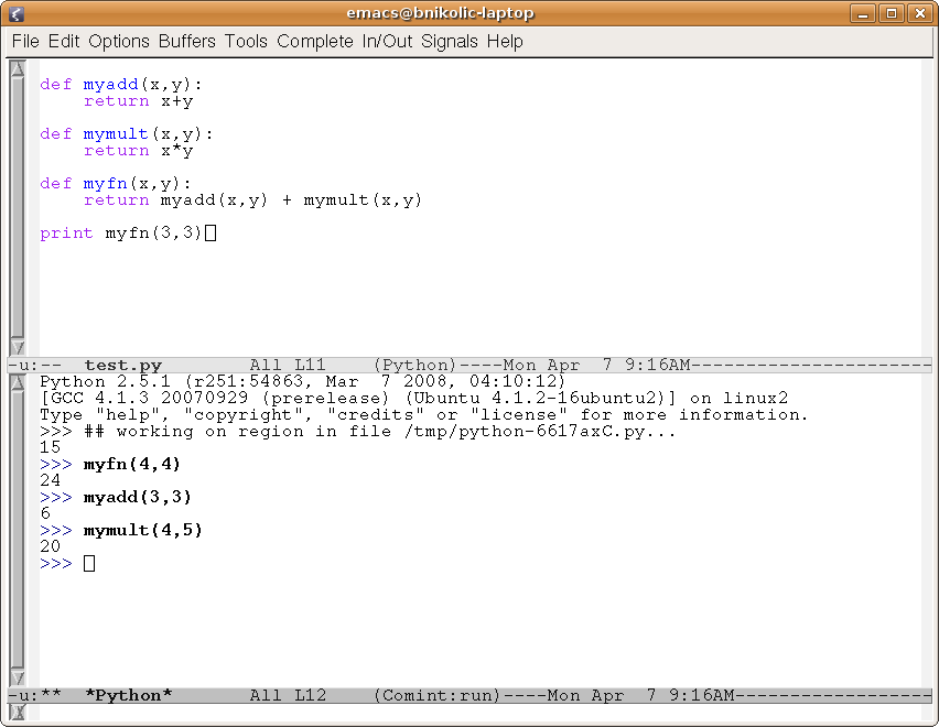 Screen shot of emacs running python interpreter as subprocess