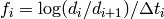 f_i=\log(d_i/d_{i+1})/\Delta t_i