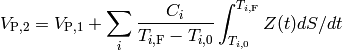 V_{\rm P,2}= V_{\rm P,1} + \sum_{i} \frac{C_i}{T_{i,\rm F}-T_{i,0}}\int_{T_{i,0}}^{T_{i,\rm F}} Z(t) dS/dt